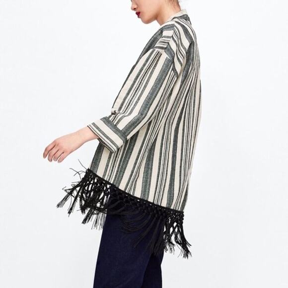 Zara Basic Neutral Striped 3/4 Sleeves Fringe Kimono Ecru Size Small - Picture 2 of 10